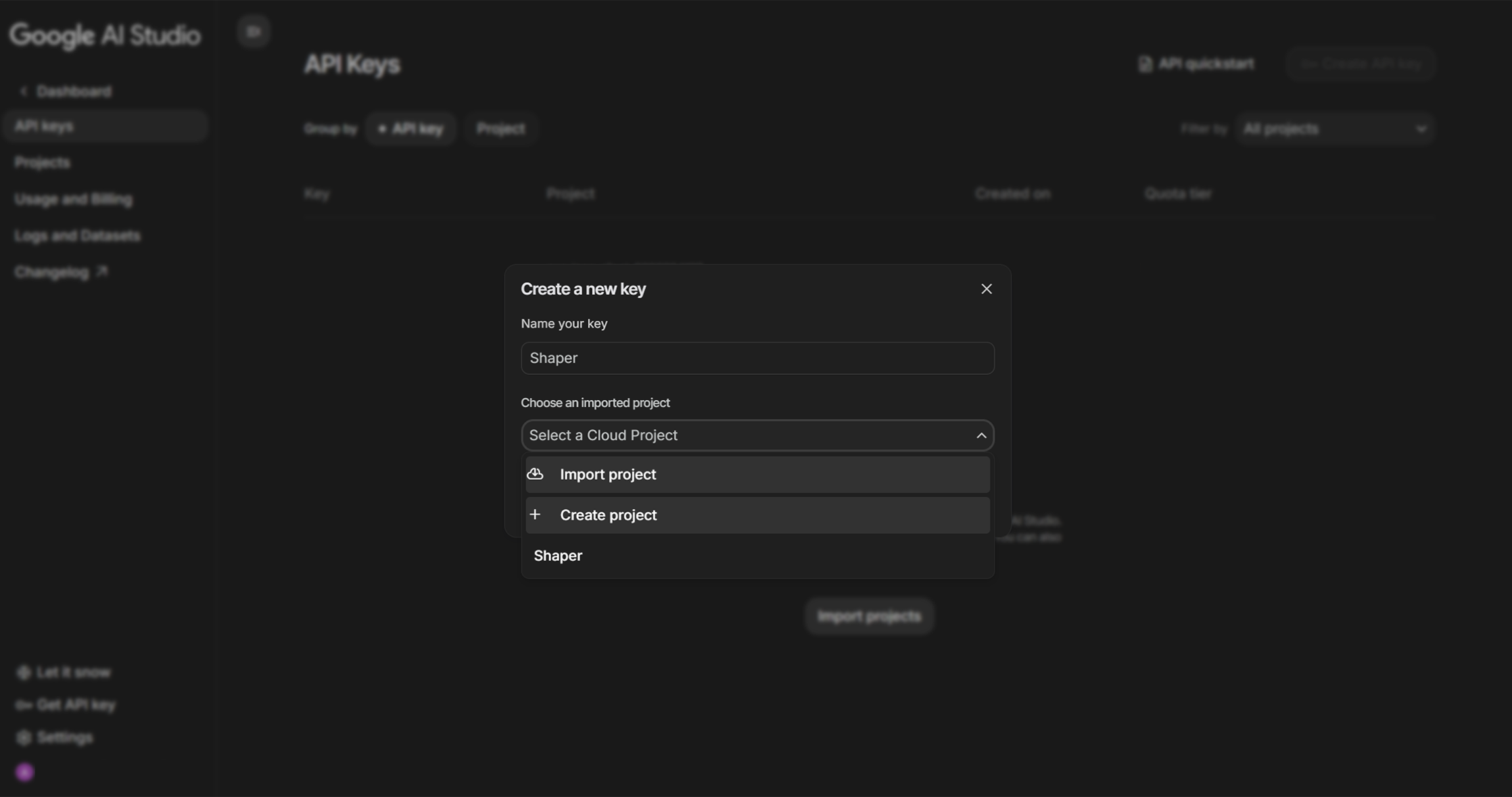 Google AI Studio Create API Key Modal
