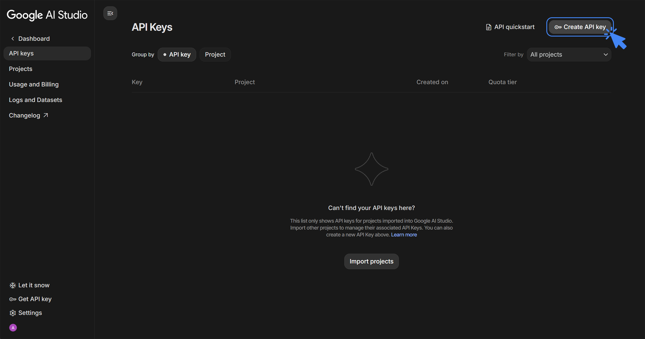 Google AI Studio Create API Key Button