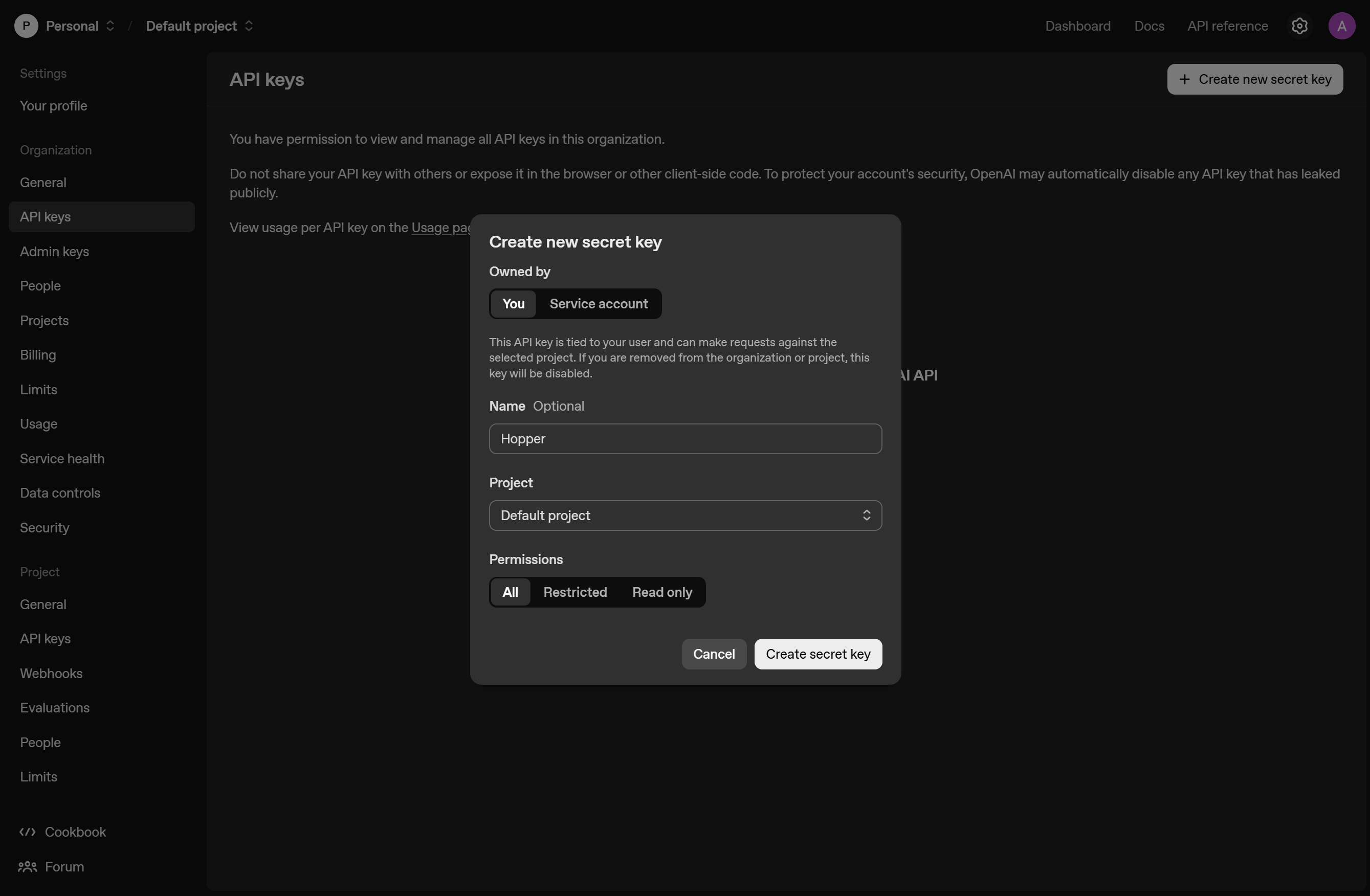 Create API Key Dialog